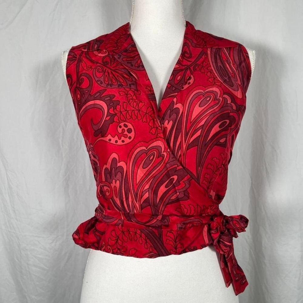 vintage bright red 90s tie up v neck top